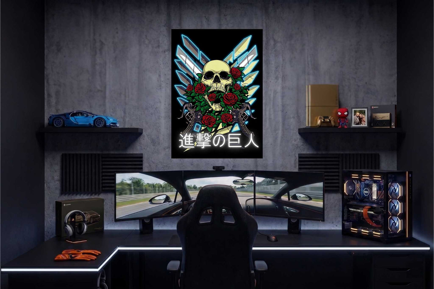 Gaming setup with a large poster of a skull with wings and roses on a dark wall.