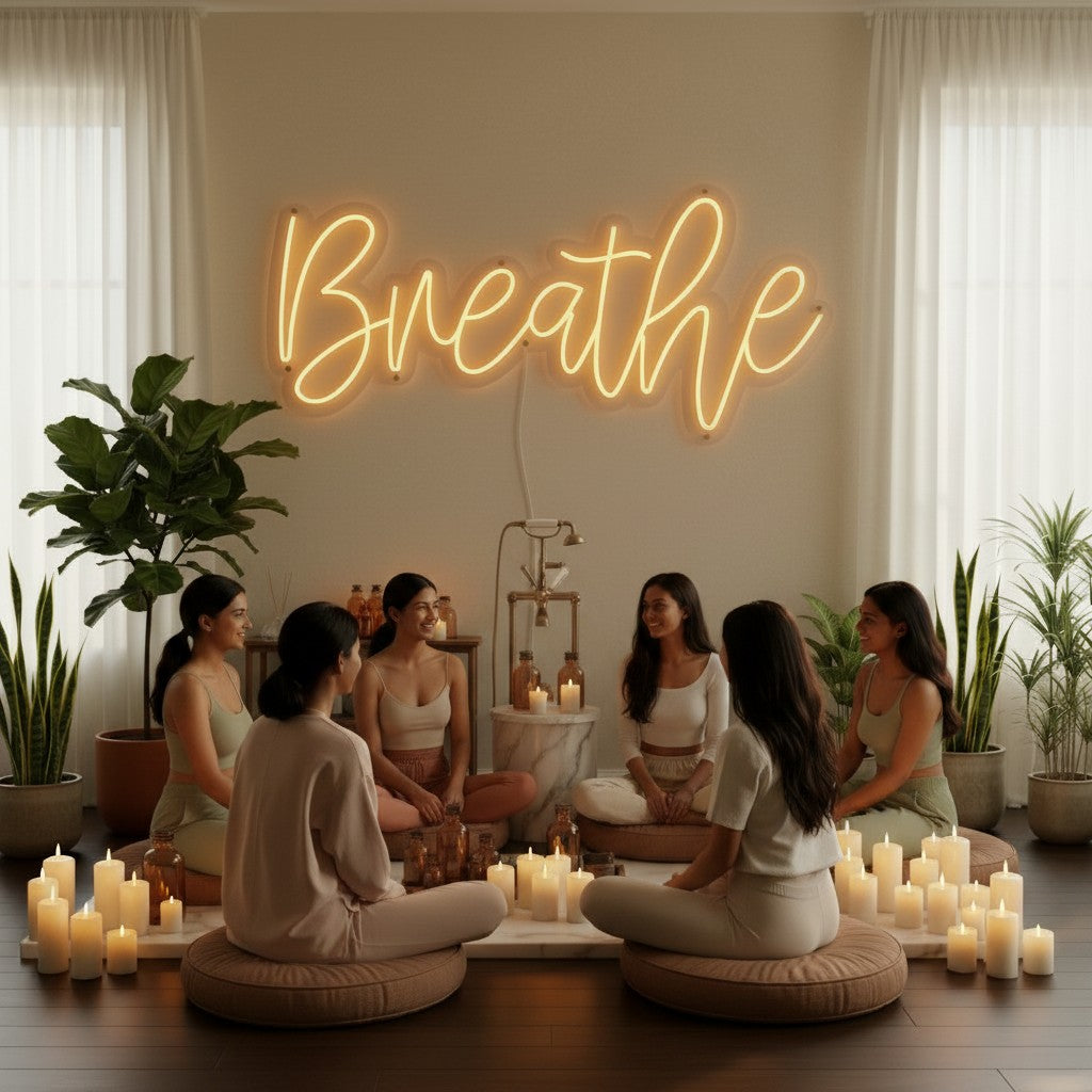 Lux Neon yellow neon sign spelling "Breathe" above a bathtub with a woman sitting on the edge holding a candle.