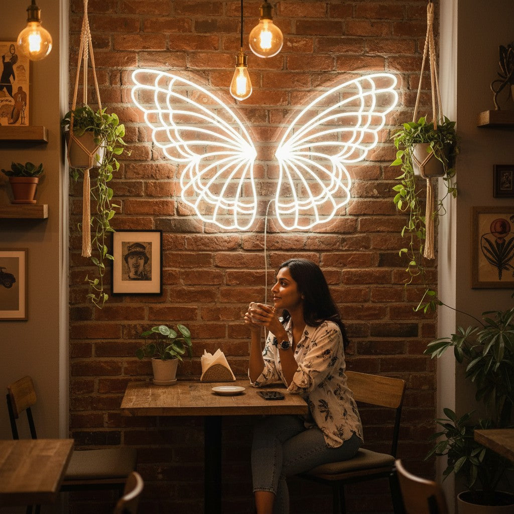 Lux Neon white butterfly wing neon sign light mounted on a grey wall above a bed.