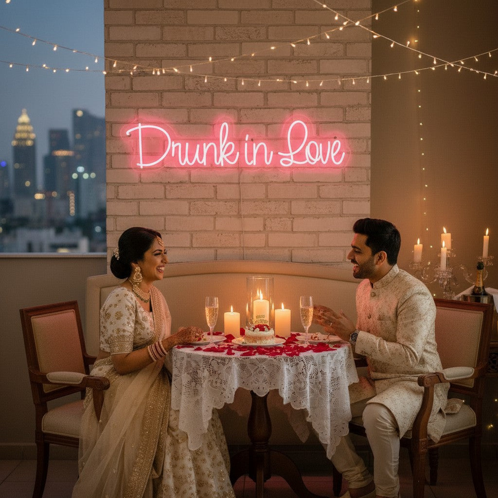 Lux Neon pink neon sign spelling "Drunk in Love" above a couple celebrating on a bed decorated with rose petals.