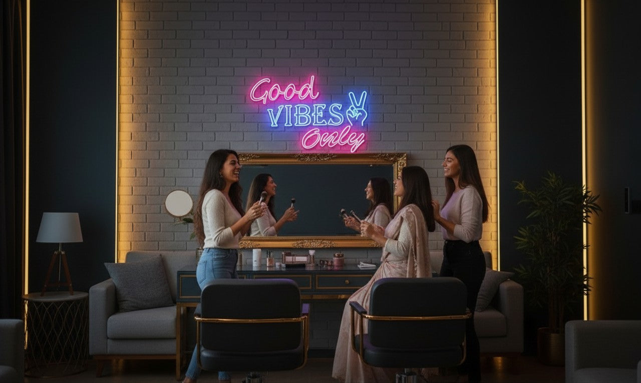 Lux Neon Good Vibes Only neon sign in pink and blue, with a peace sign, on a brick wall, with people dancing.