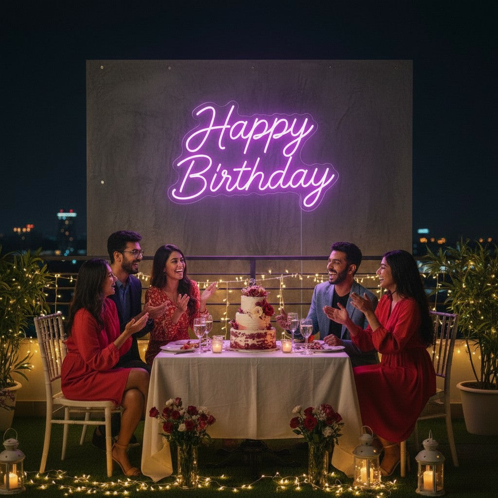 Lux Neon Happy Birthday purple neon sign above a table with a cake and people celebrating.