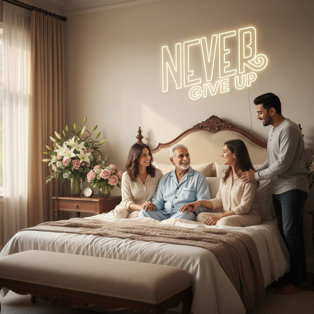 Lux Neon "Never Give Up" neon sign in warm white LED, displayed in a modern office setting with a man standing in front.