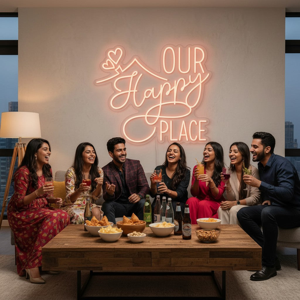 Lux Neon "Our Happy Place" neon sign in warm white, featuring script font and a house outline with hearts.