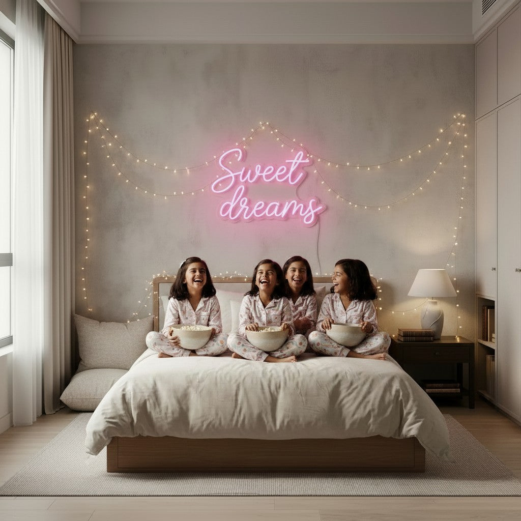 Lux Neon "Sweet Dreams" pink neon sign above a bed with a mother and child.
