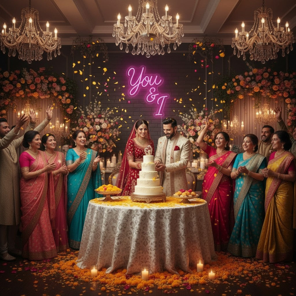 Lux Neon You and I neon sign in pink, illuminating a wedding couple and their family.