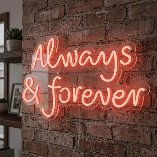 always and forever neon sign in a cafe
