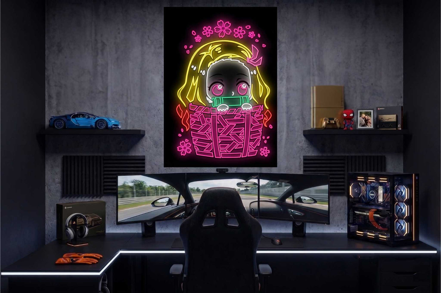 Gaming setup with a Nezuko Kamado from Demon Slayer neon sign of a character on the wall above a desk.