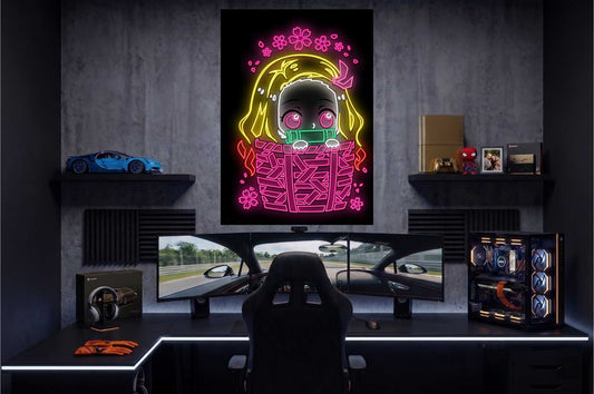 Gaming setup with a Nezuko Kamado from Demon Slayer neon sign of a character on the wall above a desk.