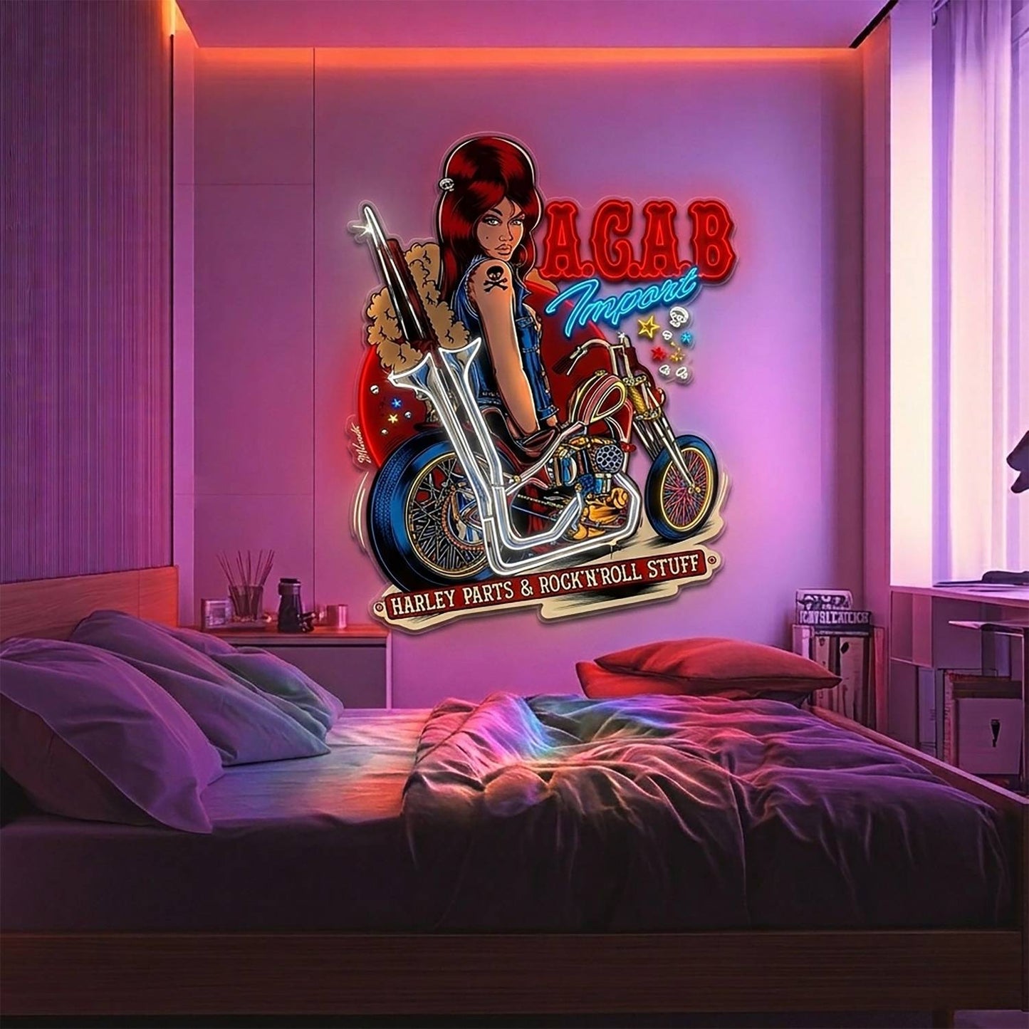 Biker Girl UV Printed Neon Sign | Moto Art Wall Decor