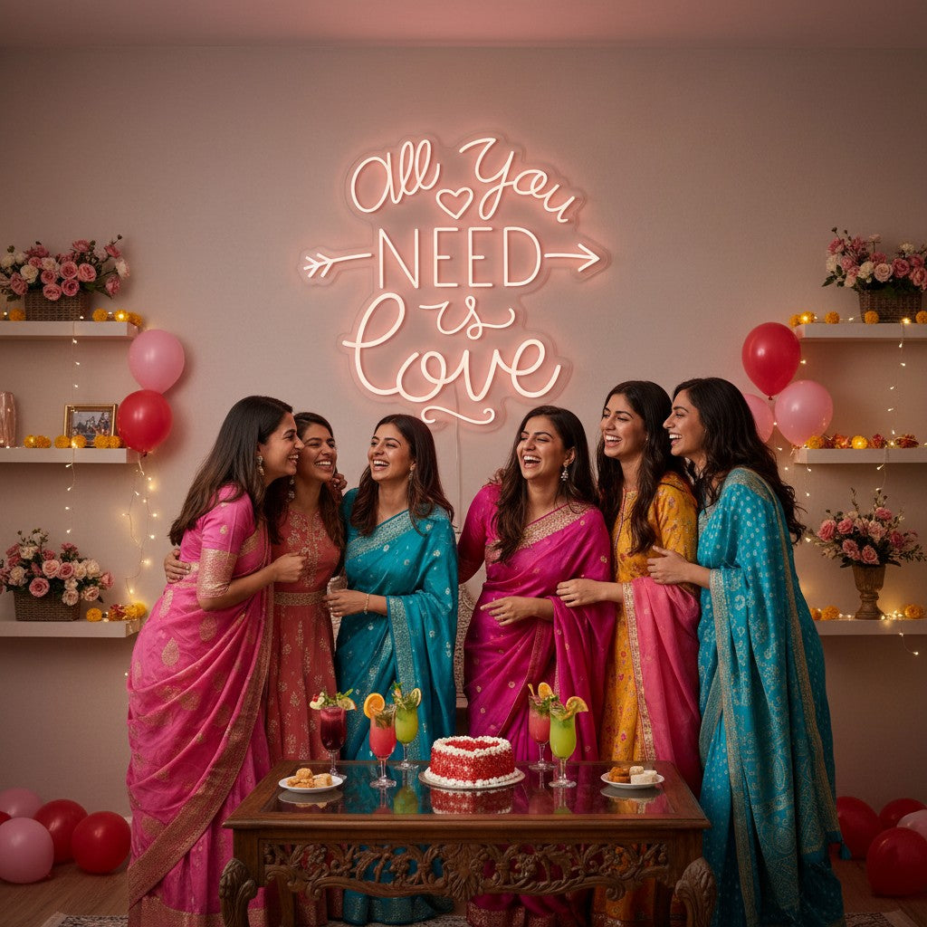 Lux Neon All You Need Is Love neon sign in a soft pink glow, mounted above a bed.