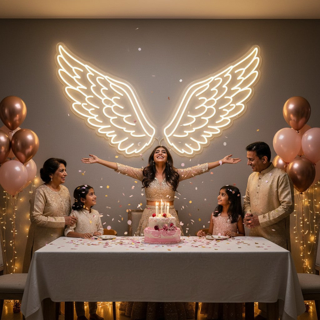Lux Neon white neon angel wings sign mounted on a grey wall above a bed. Features detailed feather design.