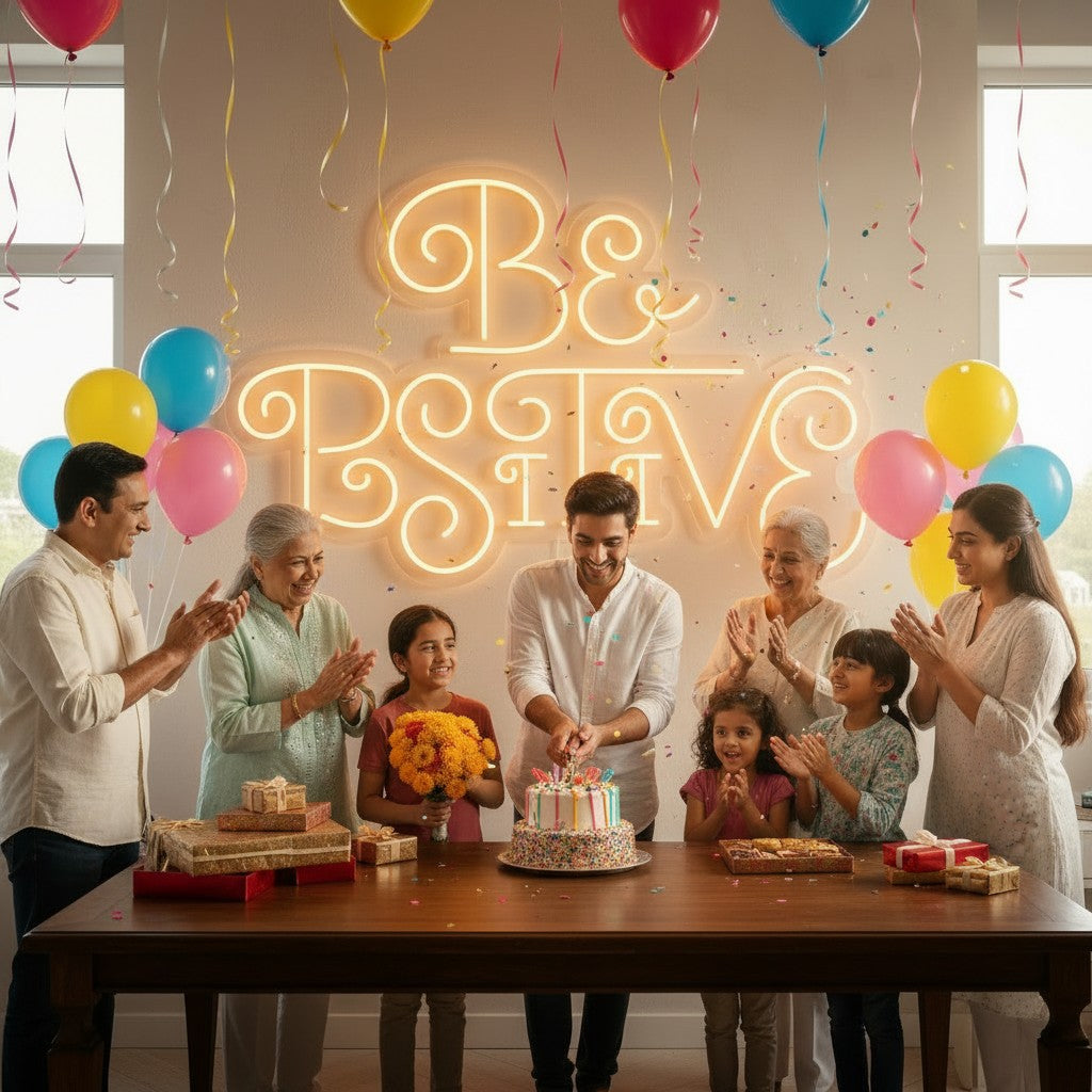 Lux Neon Be Positive neon sign in warm yellow light, ideal for a bedroom or creative space.