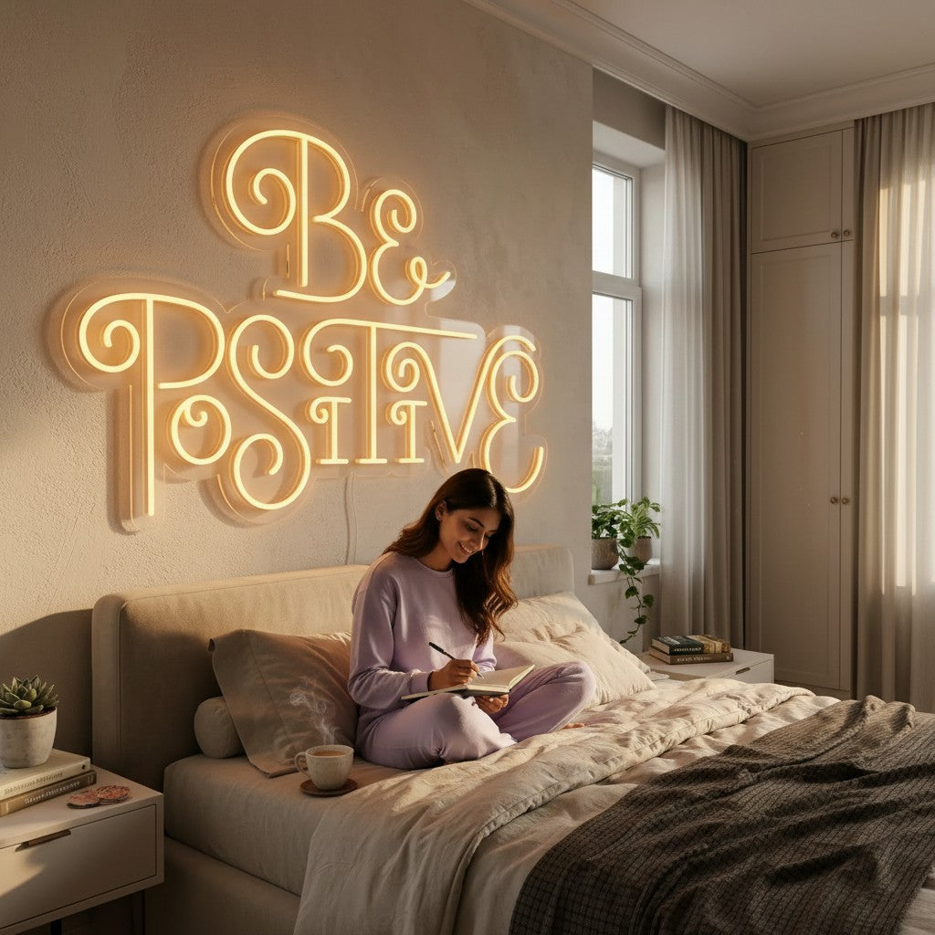 Lux Neon Be Positive LED neon sign in warm yellow, mounted above a bed in a bedroom.