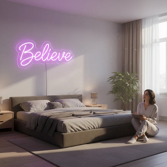 Lux Neon Believe neon sign in pink, mounted above a bed in a modern bedroom. A woman sits on the floor with a tablet.