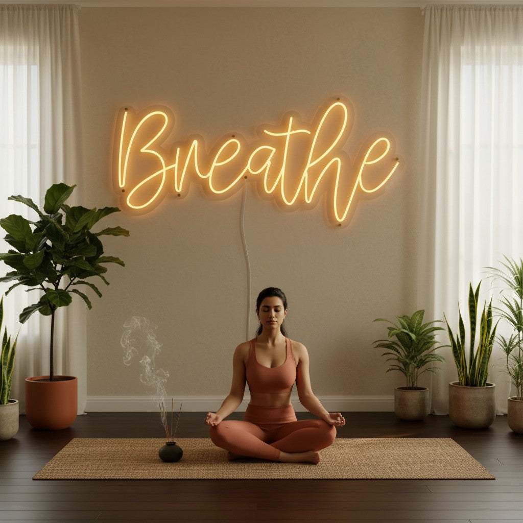Lux Neon yellow neon sign spelling "Breathe" mounted above a bed in a bedroom.