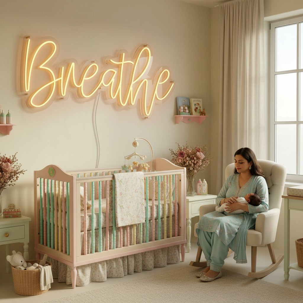 Lux Neon yellow cursive "Breathe" neon sign mounted above a bed in a bedroom.