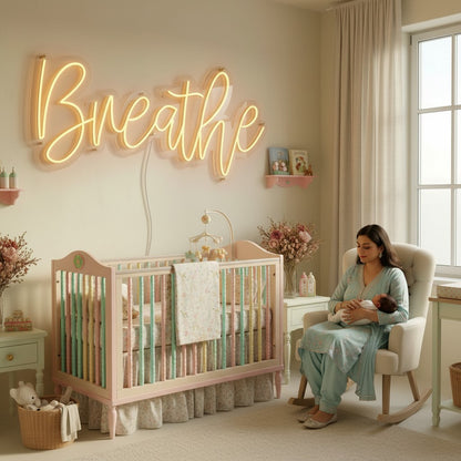 Lux Neon yellow cursive "Breathe" neon sign mounted above a bed in a bedroom.