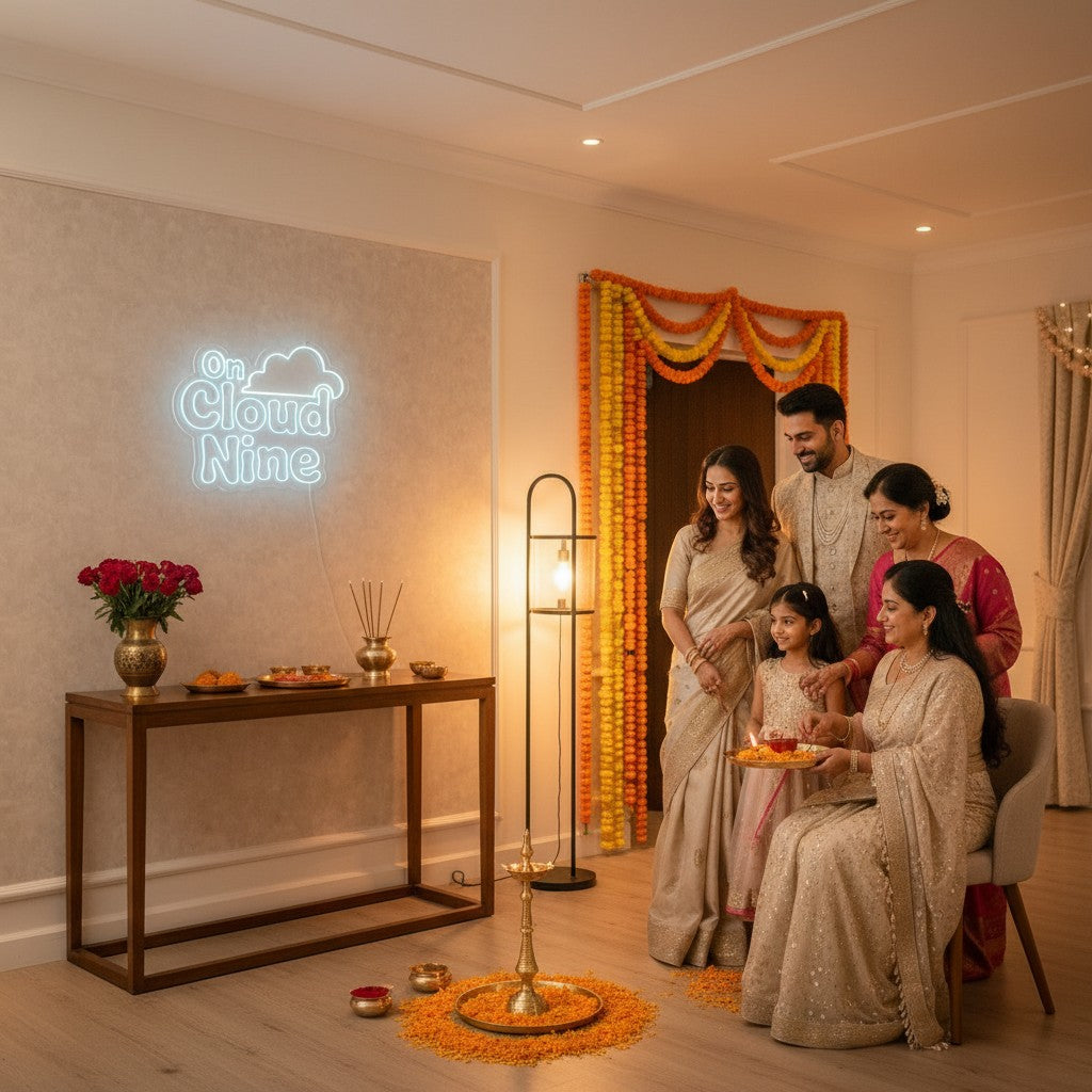 Lux Neon Cloud Nine neon sign above a bed decorated with rose petals and fairy lights. Couple in traditional attire sits on the bed.