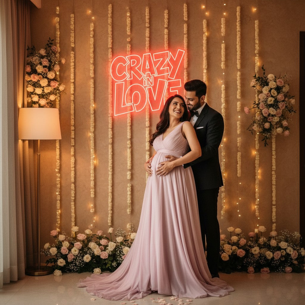 Lux Neon Crazy in Love neon sign above a couple on a romantic rooftop dinner date.