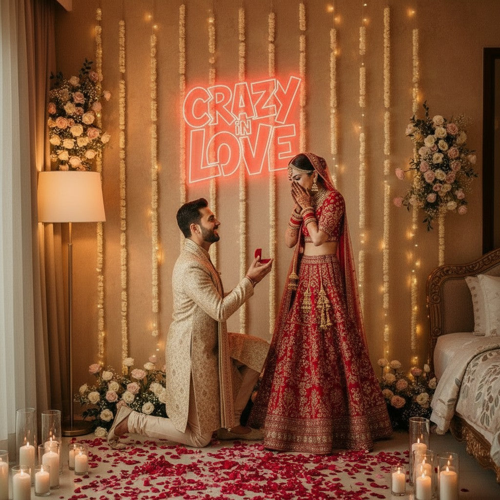 Lux Neon "Crazy in Love" neon sign above a bride and groom cutting a wedding cake.