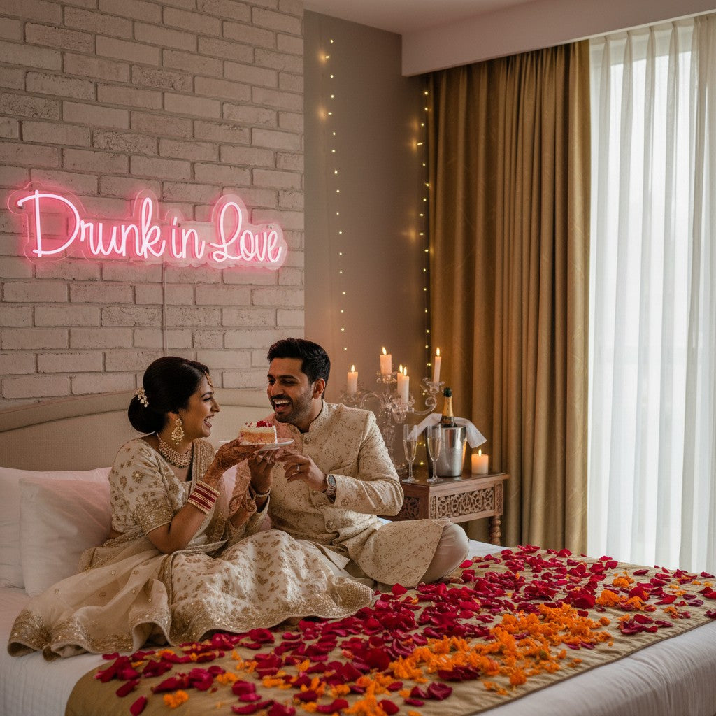 Lux Neon "Drunk in Love" pink neon sign with clear acrylic backing, mounted on a brick wall.