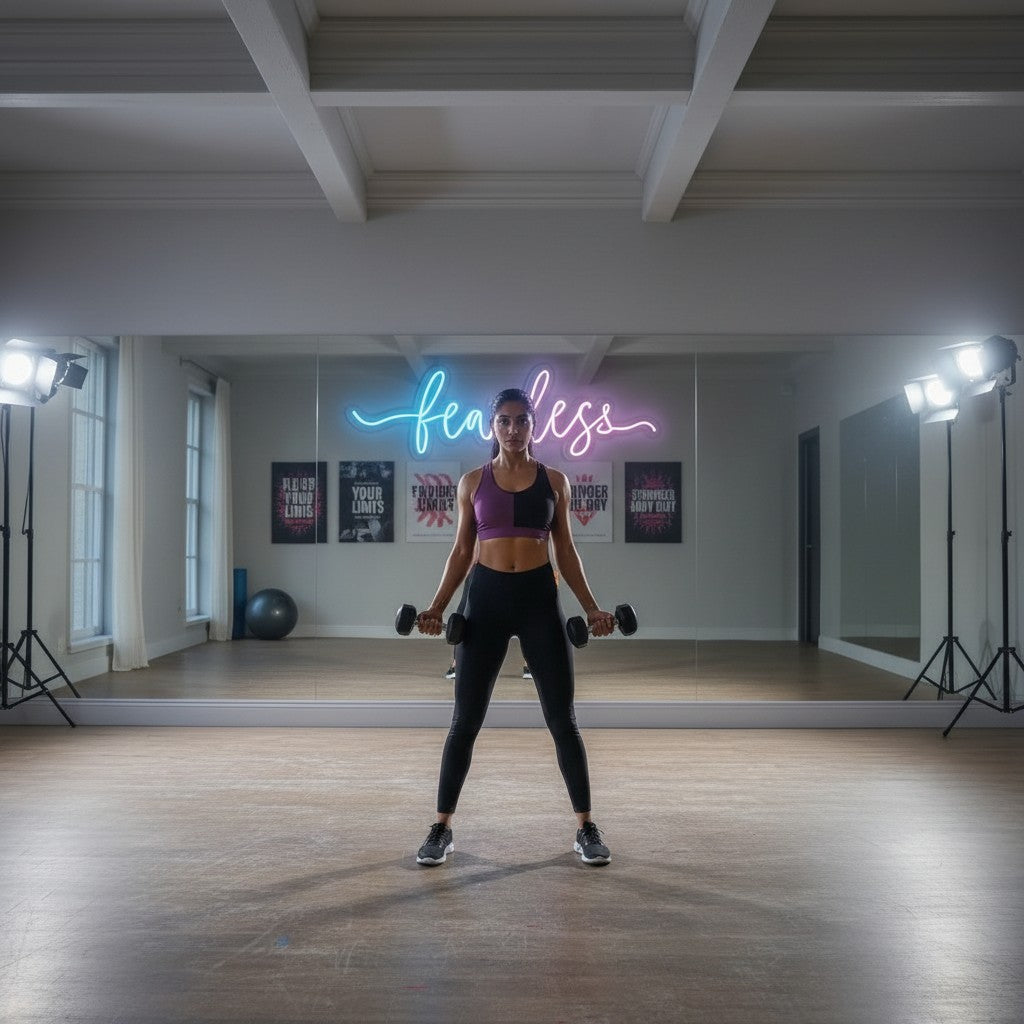 Lux Neon "Fearless" neon sign in blue and pink, displayed in a dance studio with dancers practicing.