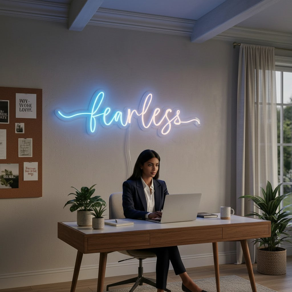 Lux Neon "Fearless" neon sign with blue to pink gradient, mounted above a bed.