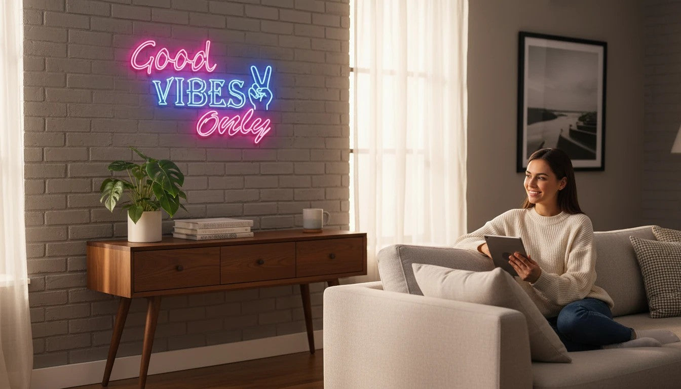 Lux Neon Good Vibes Only neon sign in pink and blue with peace sign, mounted on a brick wall.