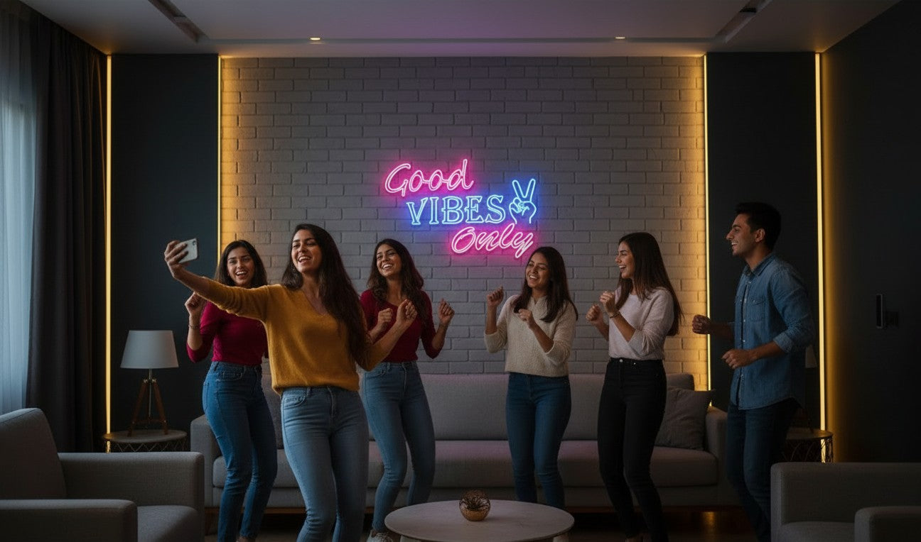 Lux Neon Good Vibes Only neon sign in pink and blue with a peace sign.
