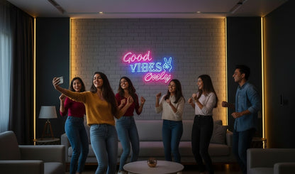 Lux Neon Good Vibes Only neon sign in pink and blue with a peace sign.