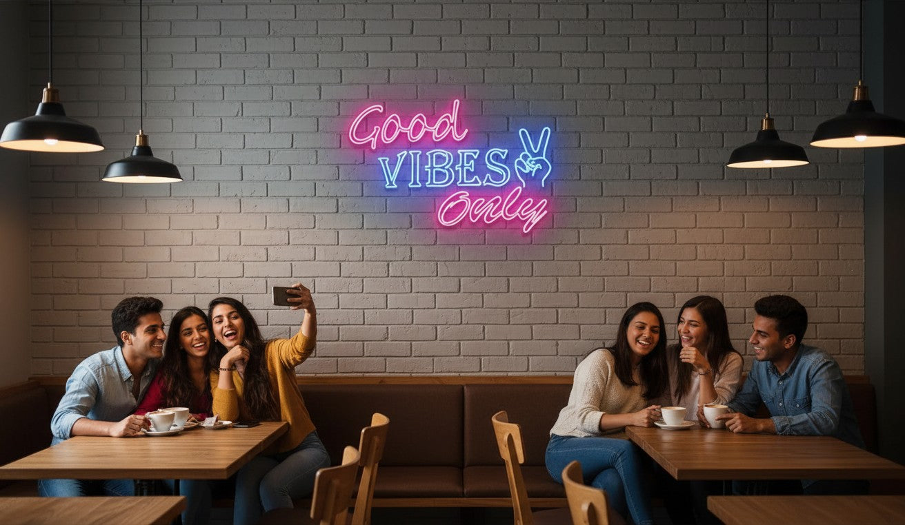 Lux Neon Good Vibes Only neon sign in pink and blue, with peace sign, mounted on a brick wall.