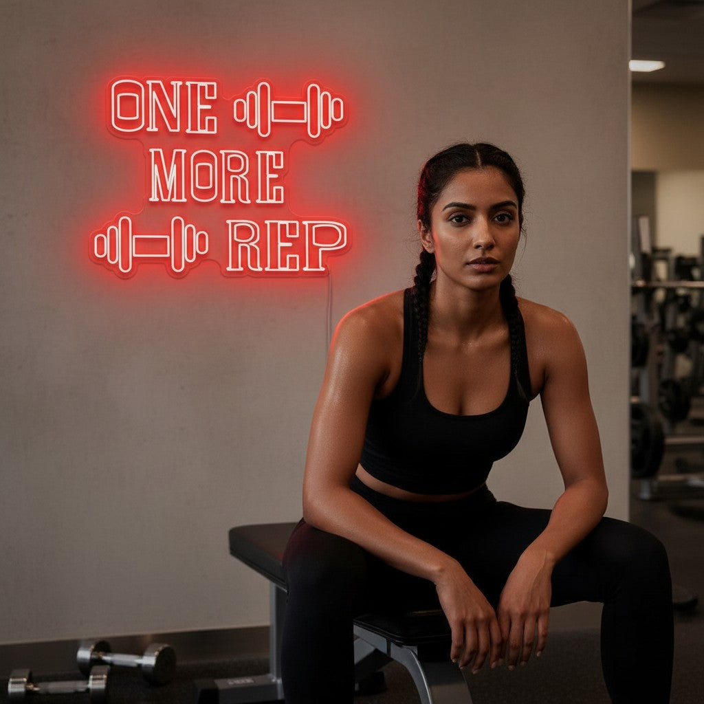 Lux Neon Gym Motivation LED Light sign with red neon text "ONE MORE REP" and dumbbell graphics.