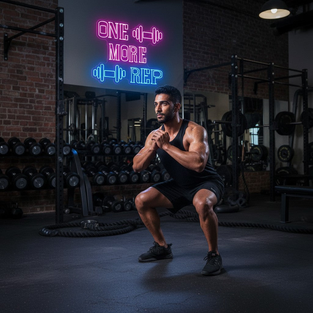 Lux Neon Gym Motivation LED Light sign with red neon text "ONE MORE REP" and dumbbell graphics.
