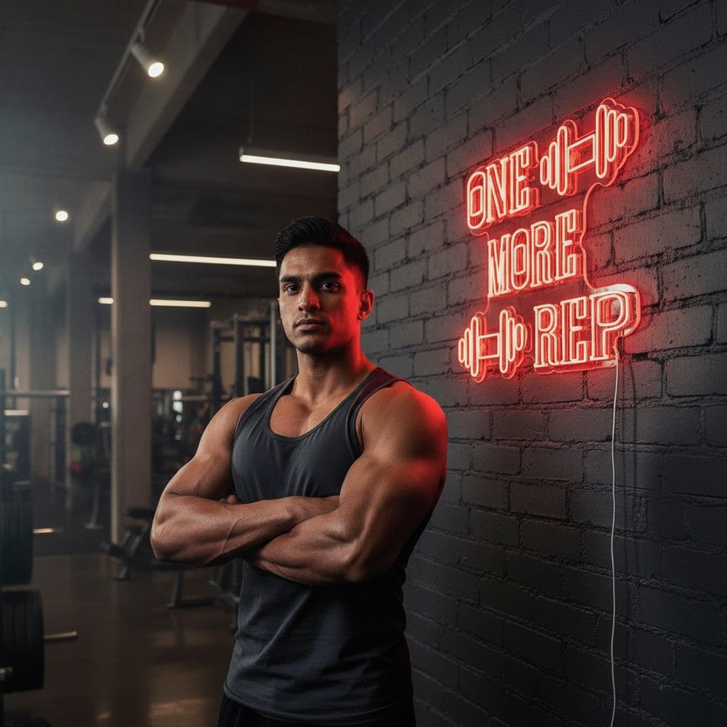 Lux Neon Gym Motivation LED Light sign with text "ONE MORE REP" in red neon, featuring dumbbell graphics.