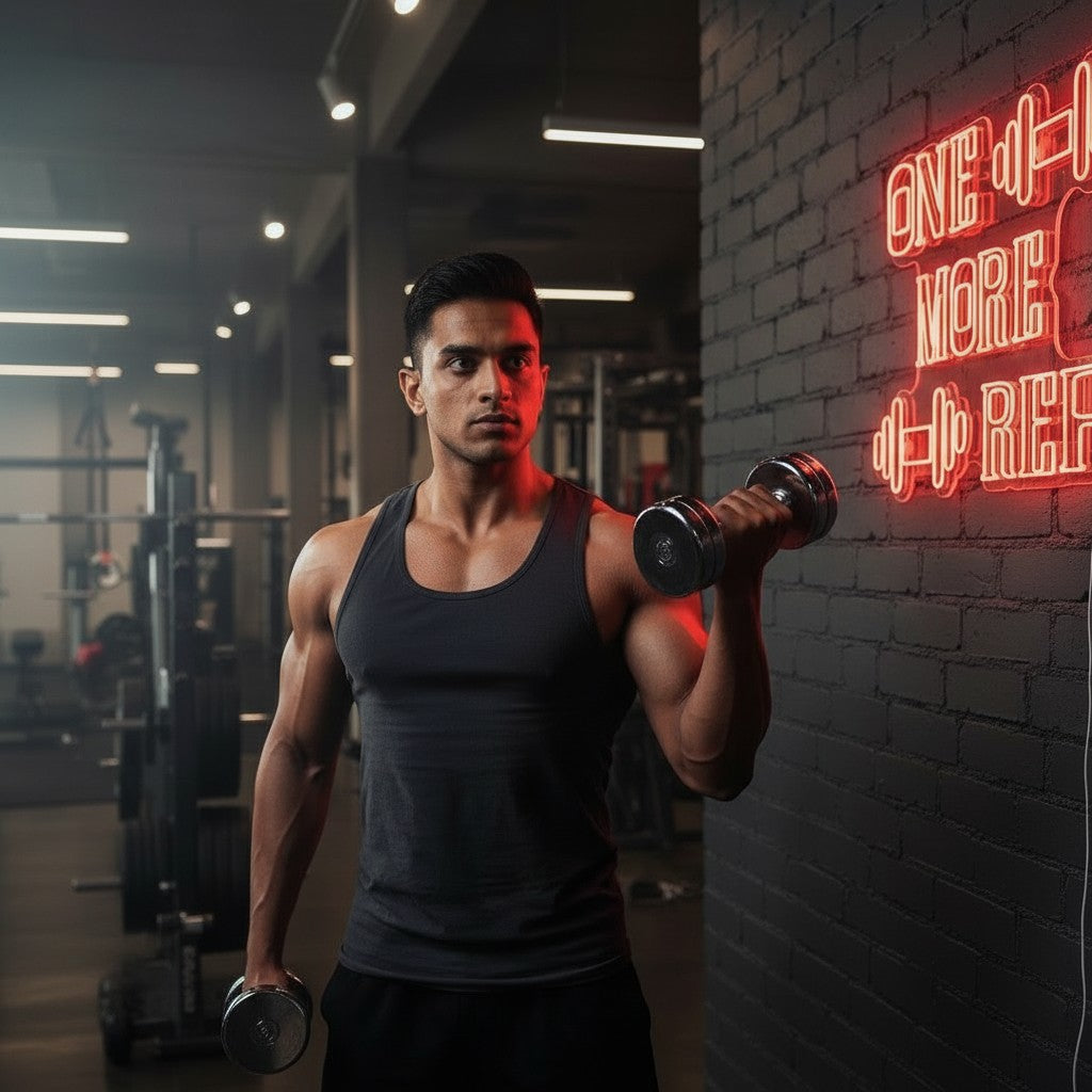 Lux Neon gym motivation LED light sign with red neon text "ONE MORE REP" and dumbbell graphics.