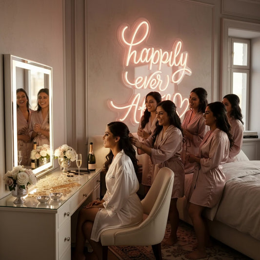 Lux Neon Happily Ever After neon sign in soft pink script, mounted above a bed.