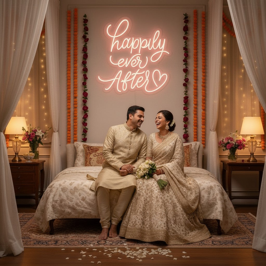 Lux Neon Happily Ever After neon sign above a family celebrating with a cake.
