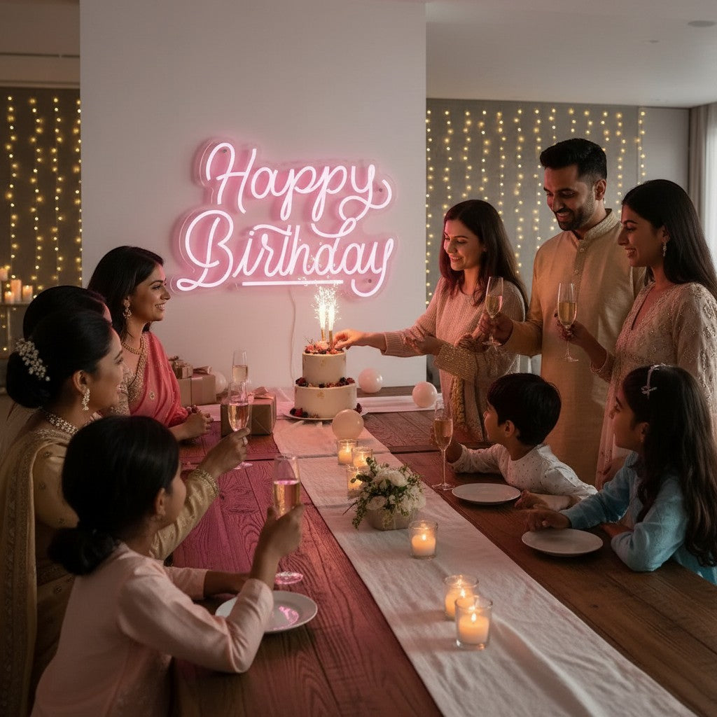 Lux Neon pink "Happy Birthday" neon sign above a decorated cake and gifts, perfect for parties.