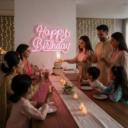 Lux Neon pink "Happy Birthday" neon sign above a decorated cake and gifts, perfect for parties.
