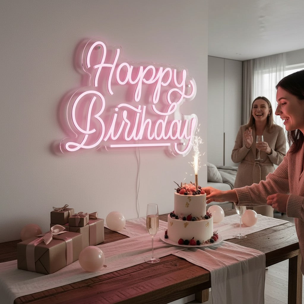 Lux Neon pink "Happy Birthday" neon sign above a cake with sparklers. Perfect for parties.