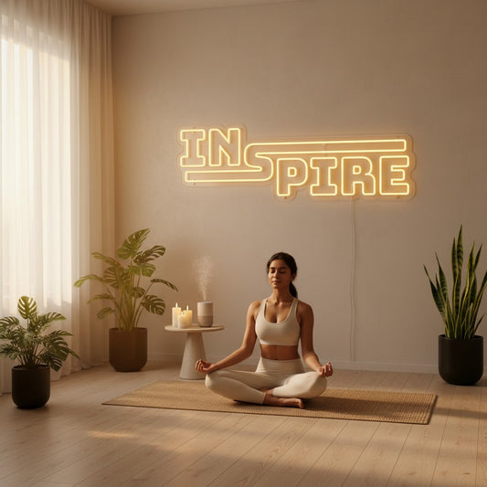 Lux Neon Inspire LED neon sign in warm yellow, mounted above a bed. Perfect for bedrooms, gaming rooms, or creative spaces.
