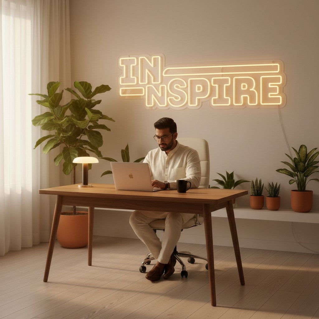Lux Neon "Inspire" neon sign in warm yellow light, perfect for a creative space or gaming room.