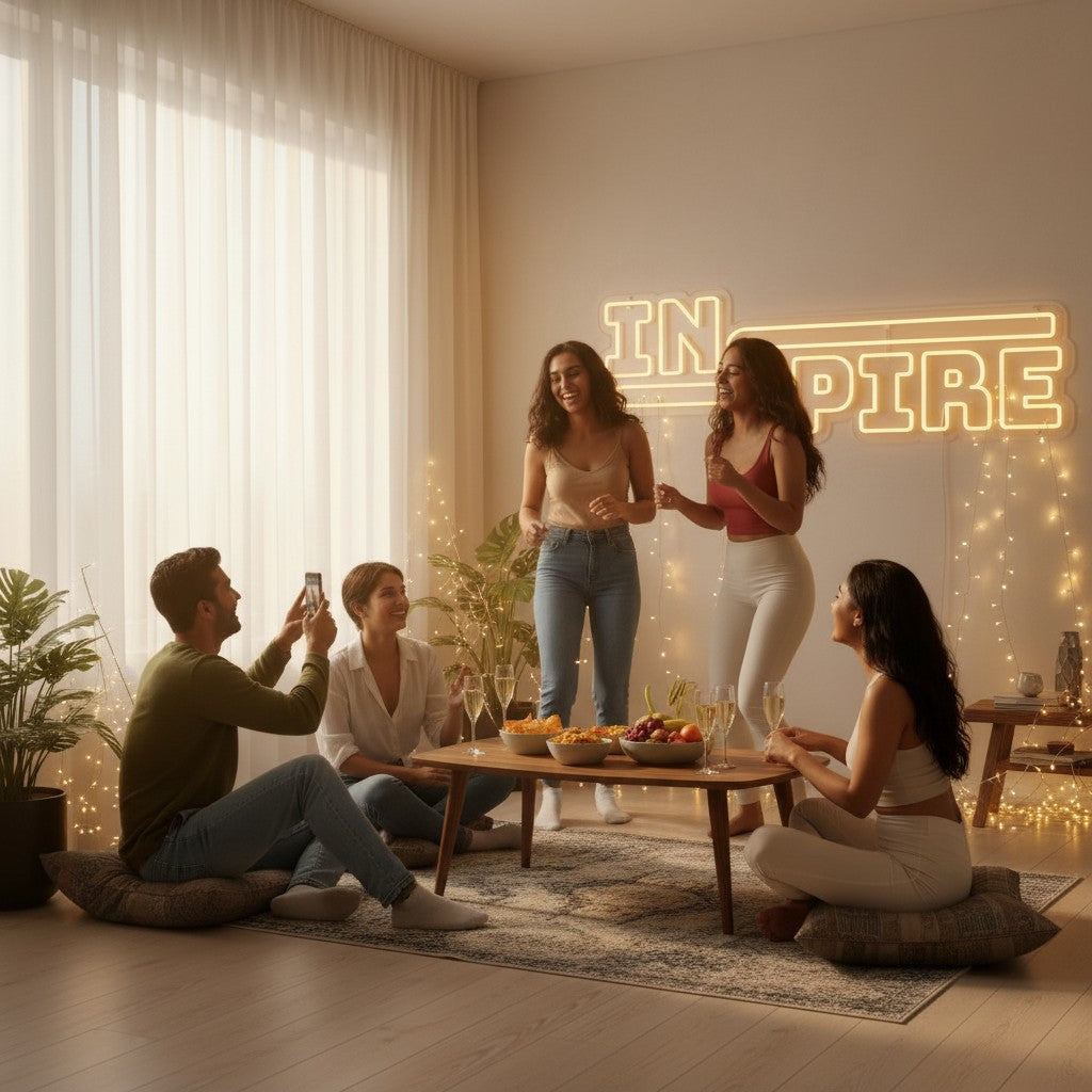 Lux Neon "Inspire" neon sign in warm yellow LED light, perfect for yoga rooms or creative spaces.