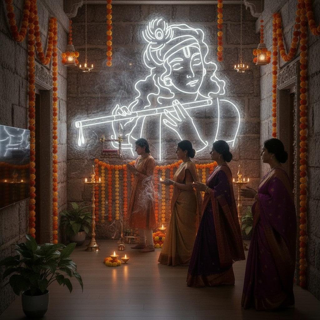 Lux Neon Krishna neon sign with peacock feather and flute, illuminated in a room decorated for Diwali with marigold garlands and diyas.