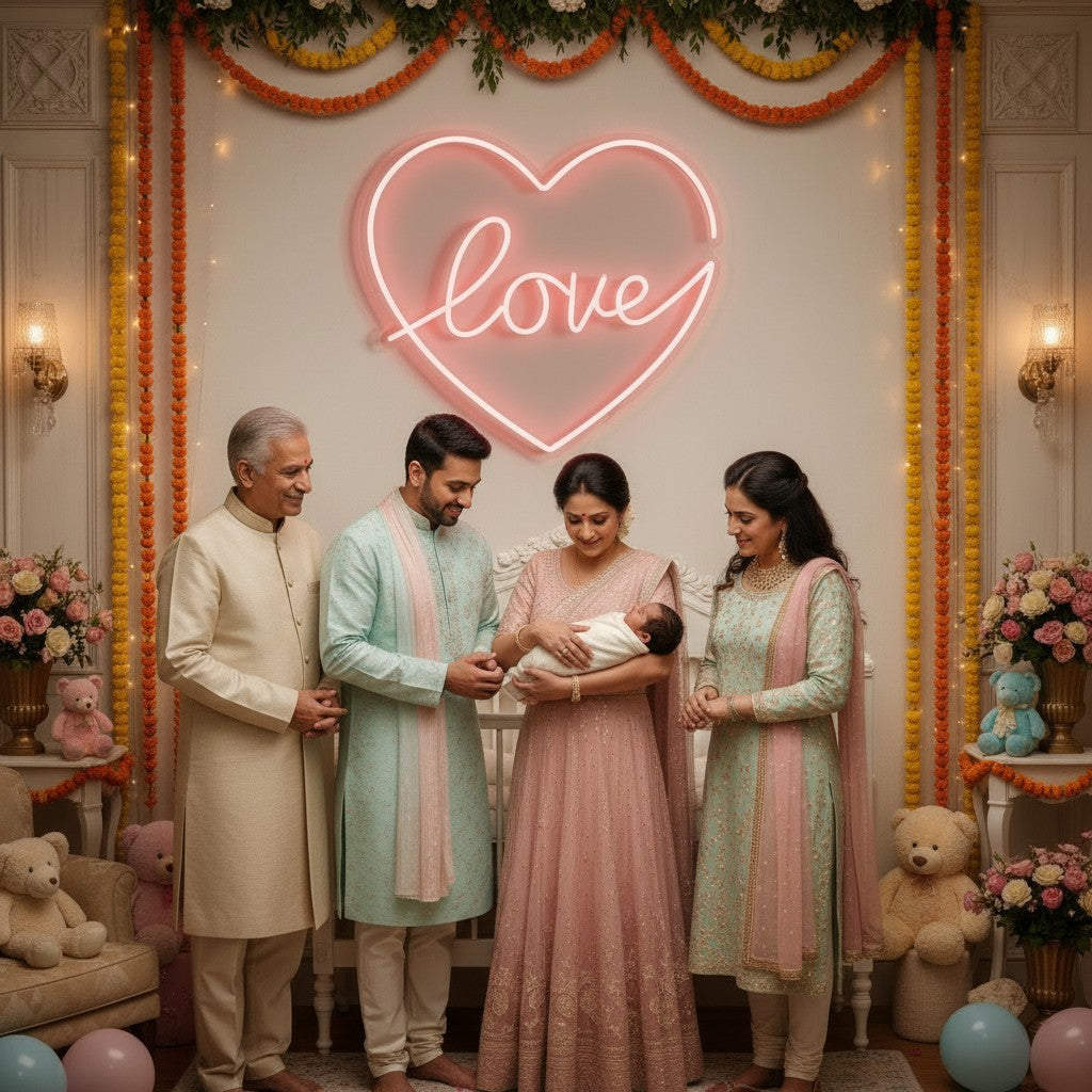 Lux Neon pink neon heart sign with the word "love" inside, above a family celebrating with a cake.