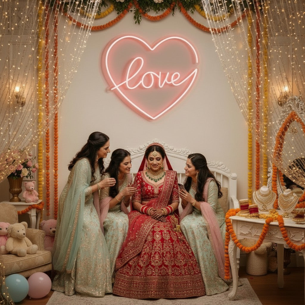 Lux Neon pink heart shaped neon sign with the word "love" above a family holding a newborn baby.