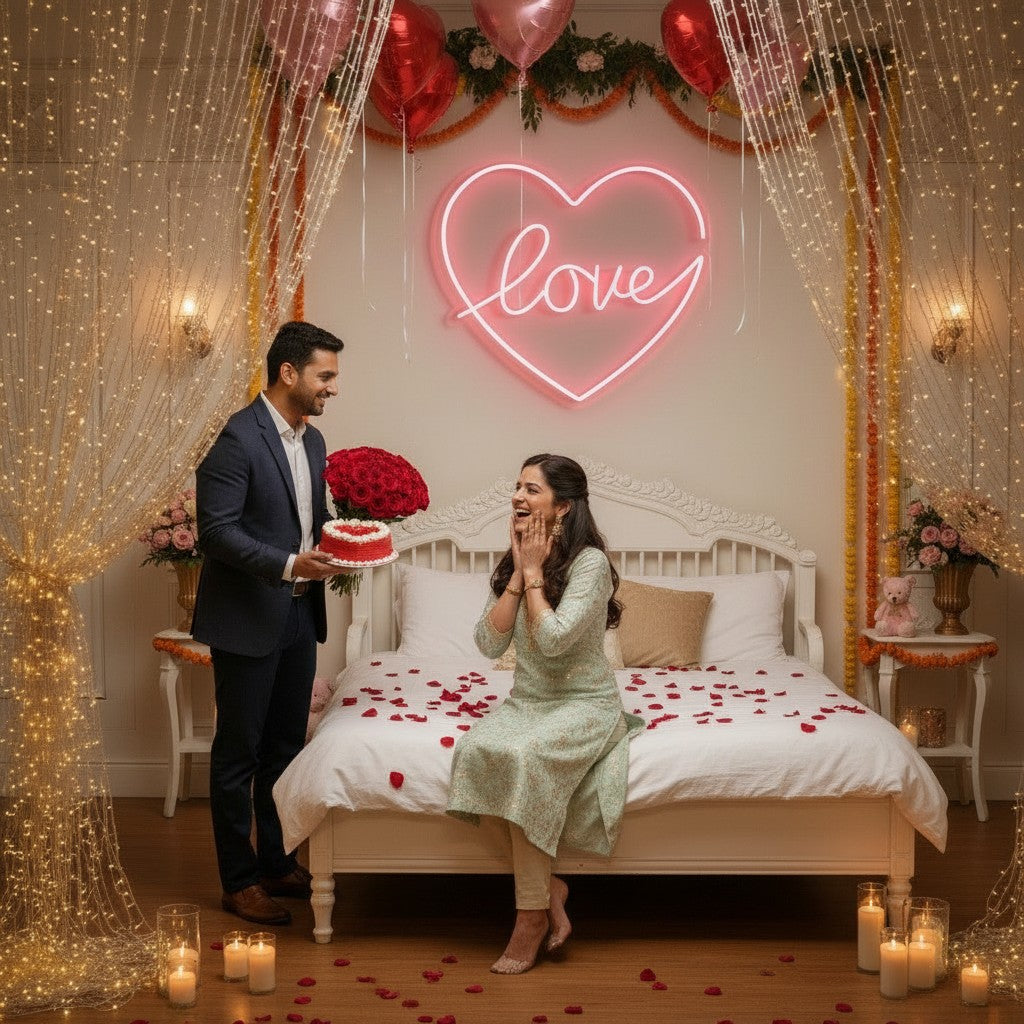 Lux Neon pink heart shaped neon sign with the word "love" for a wedding celebration.
