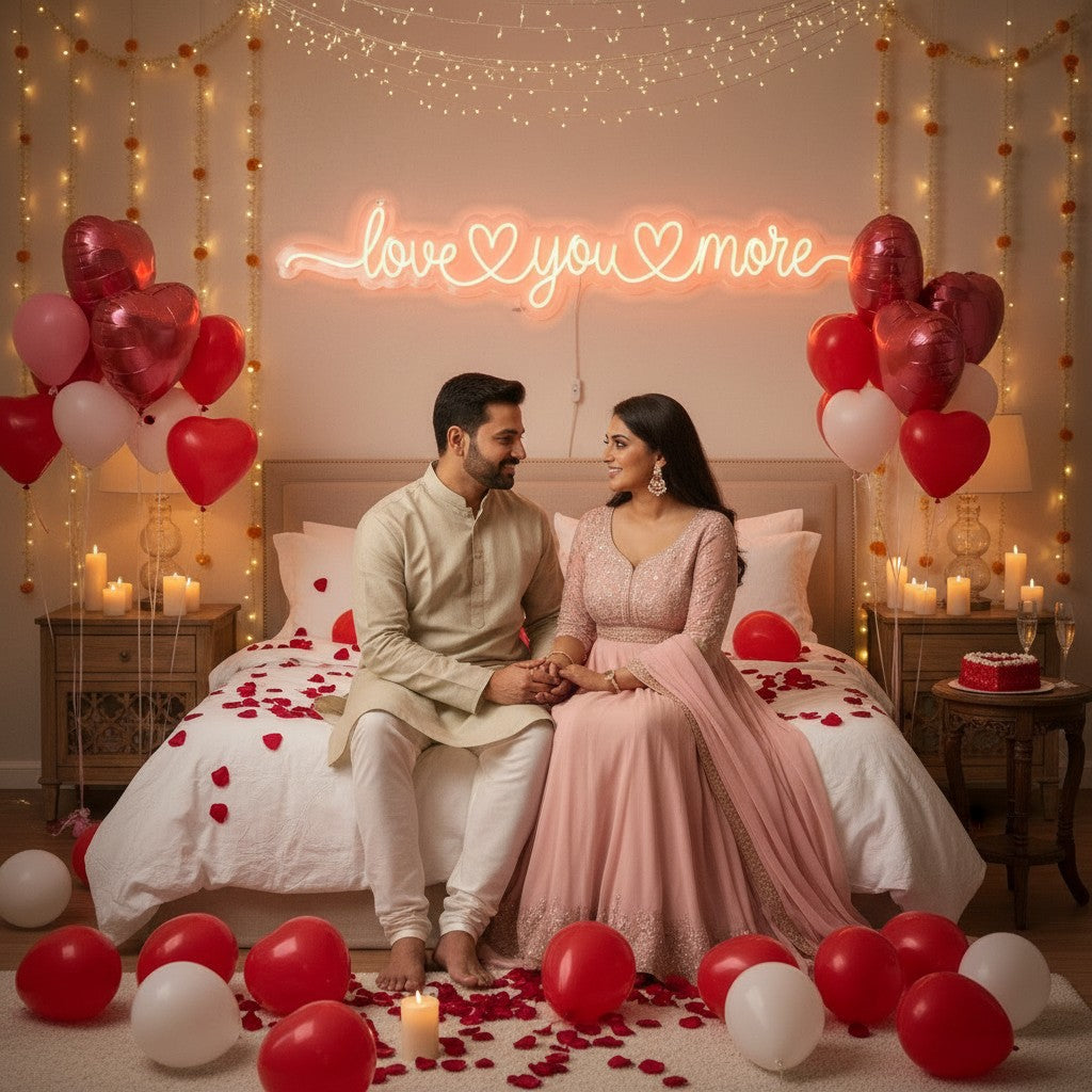 Lux Neon Love You More neon sign in a nursery with a family celebrating a new baby.