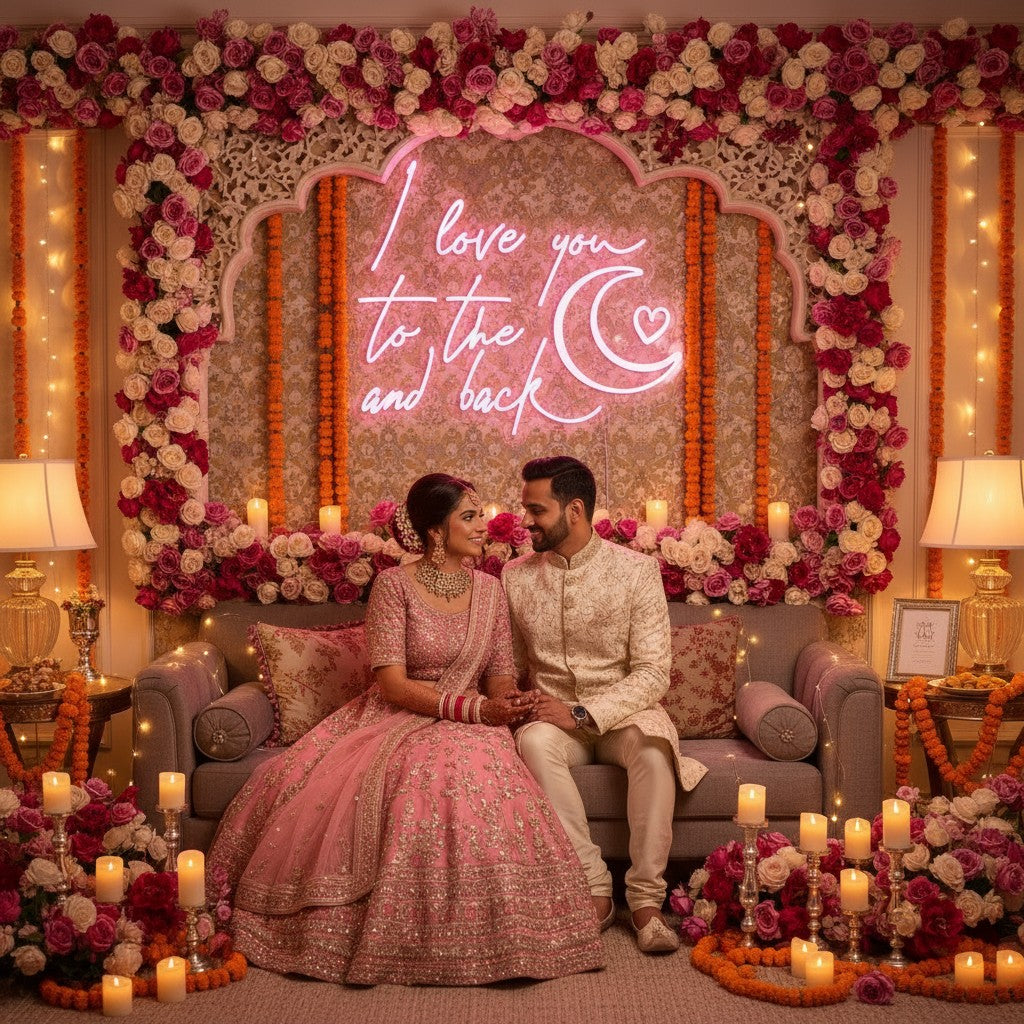 Lux Neon "I love you to the moon and back" pink neon sign above a group of women celebrating.